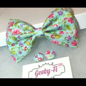 Blue Floral Hair Bow w/ Matching Earrings