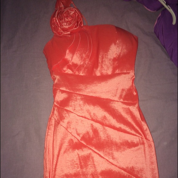 Coral one strap cocktail dress.