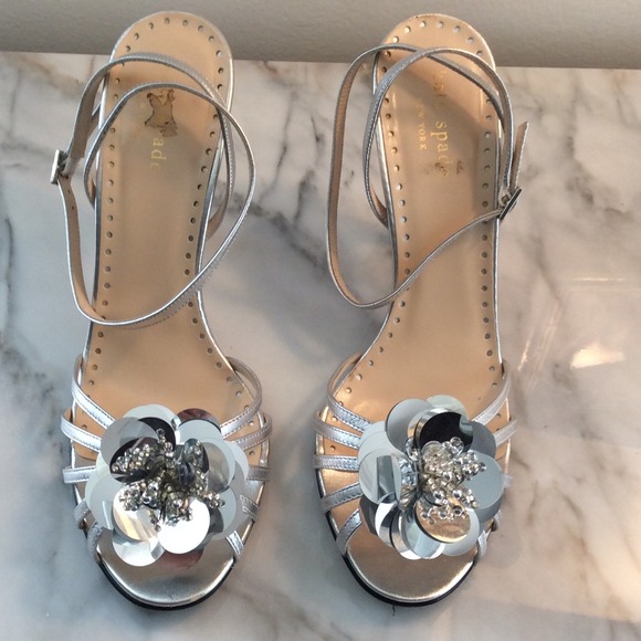 Kate Spade silver ankle strap heels w/paillettes