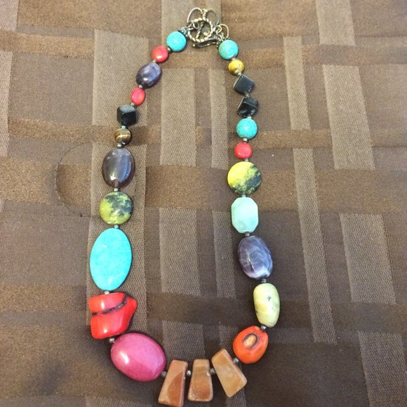 Multi stone necklace. Turq, coral, onyx, etc