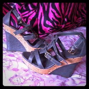 Gray strappy wedges