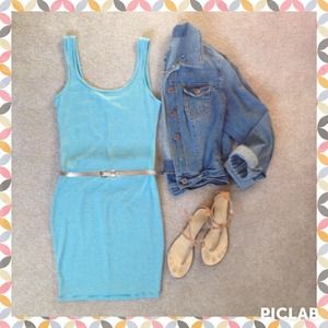White and teal striped tank dress