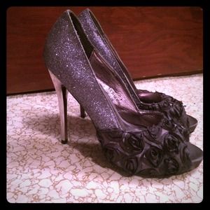 Black Ruffle and Silver Sparkly High Heels