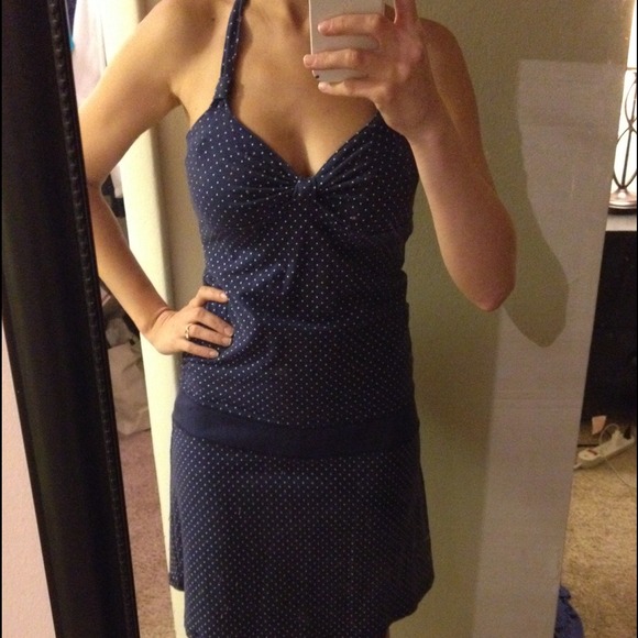 Blue with white polka dots halter dress