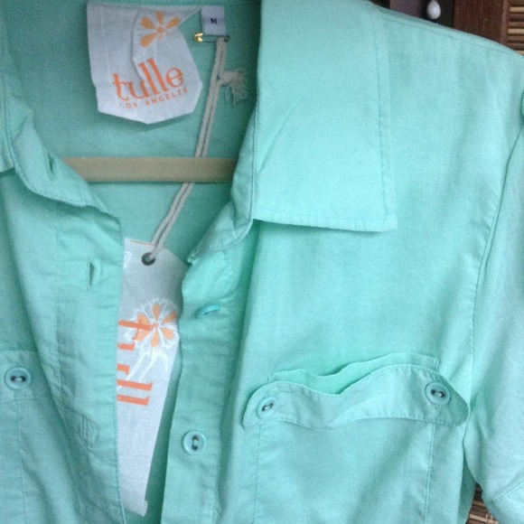 Mint green TULLE dress button up w belt raw bottom - Picture 2 of 4