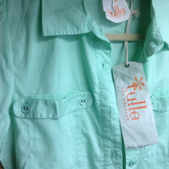 Mint green TULLE dress button up w belt raw bottom - Picture 4 of 4
