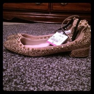 Gold Sparkly Flats with Small Heel and Ankle Strap