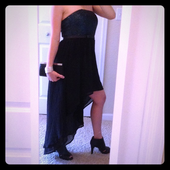 Teal Sequins and Black Chiffon Hi-Low Dress