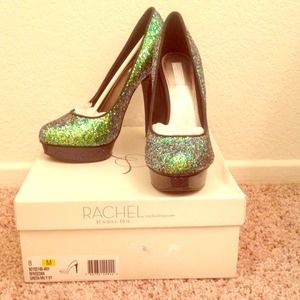 Rachel Roy green and blue glitter heels