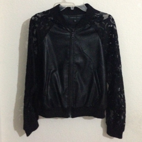 black, sheer sleeve, faux leather baseball jacket - Picture 1 of 4