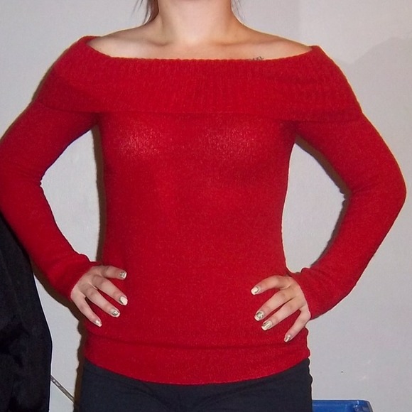 Medium Red Fuzzy Open Neck Sweater Off Shoulder