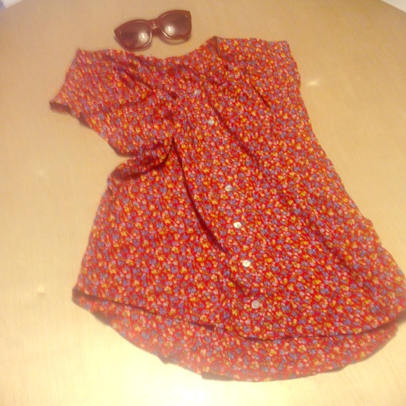 Red blue yellow floral print top