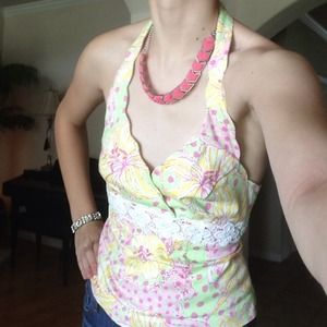 Green, yellow, and pink halter summer top w/ lace
