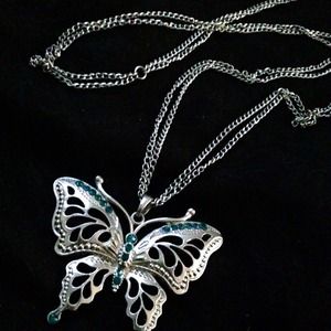 Silver Butterfly Necklace W/ Blue Gem Stones