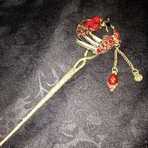 Red and Gold Peacock Hair Accessory