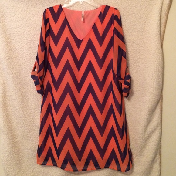 Coral and navy blue chevron dress