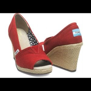 TOMS Red Canvas Wedges