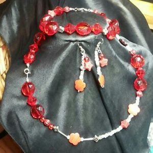 Deep red acrylic 20" necklace,bracelet and earring