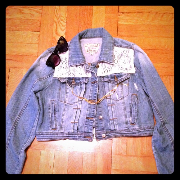 Jackets & Blazers - Faded Light Blue Lace and Denim Jean Jacket