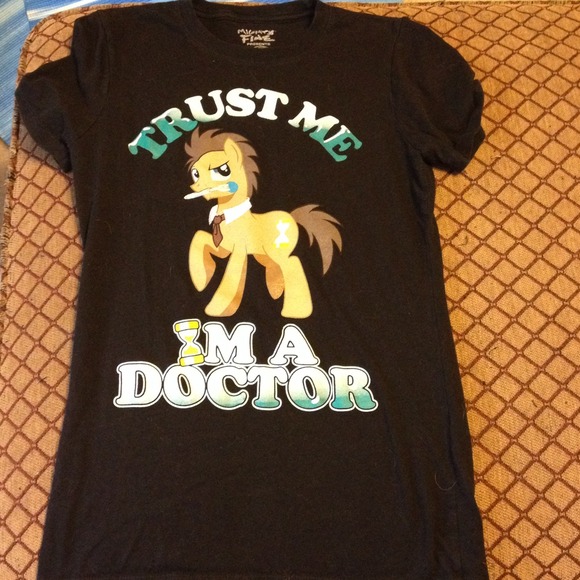 Black Dr. Whooves t-shirt.