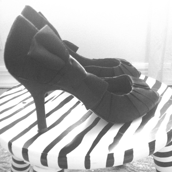 Layered black satin bow tie - open toe heel.