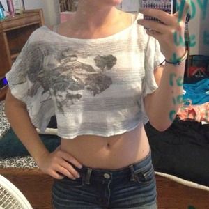 White and grey striped crop top with flower design