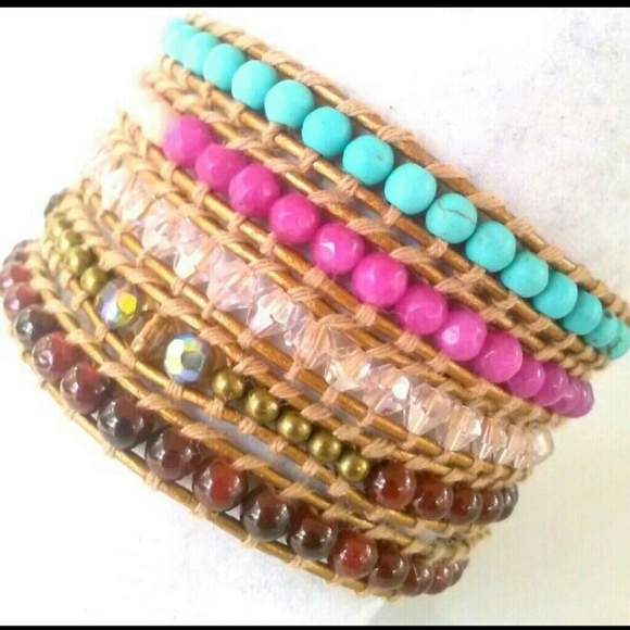 Caribbean Pink Mix Wrap Bracelet on Bronze Leather