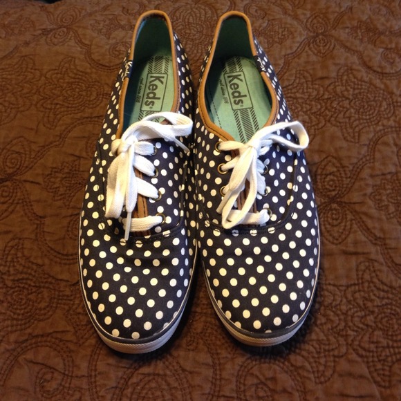 Navy and White Polka Dot Keds with Brown Trim