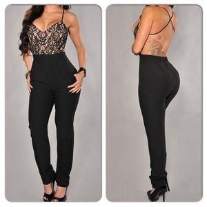 Pants - Sexy Black Lace Criss Cross Back Jumpsuit Romper Pants - Sexy Black Lace Criss Cross Back Jumpsuit Romper