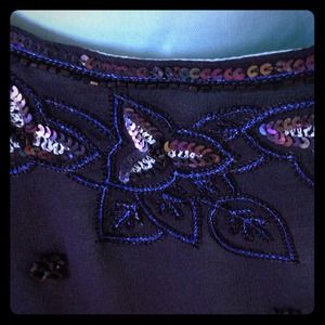 Navy flutter sleeve top with sequin embroidery