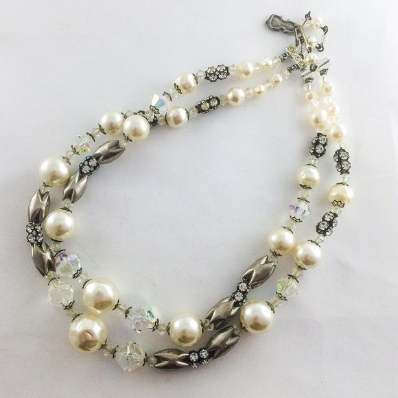 Vintage 2 Strand Rhinestone Necklace with Violin
