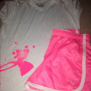 Underarmour shirt and neon justice shorts