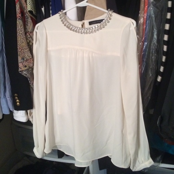Zara Chiffon Crystal Neckline Blouse Open Sleeve