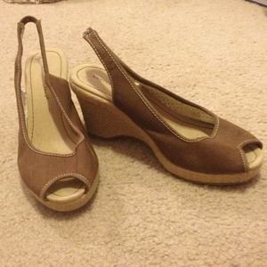 Brown peep toe wedges