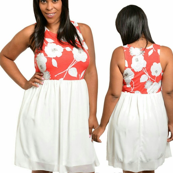 Floral coral white trendy summer dress 3x