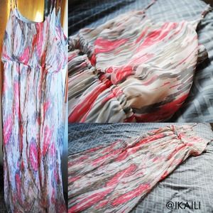 Floor length pink, gray, & white dress