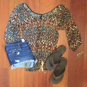 3/4 Sleeved Tribal Top with Feather Strings