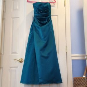 Blue-green strapless floor length dress