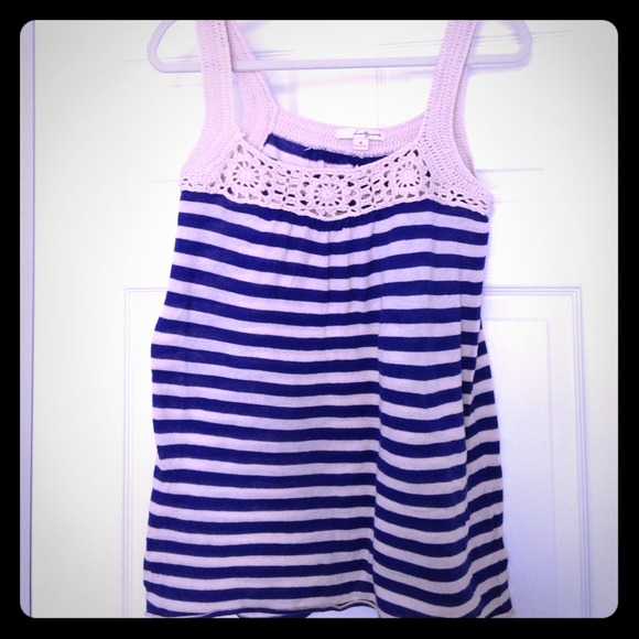 Blue and tan striped top