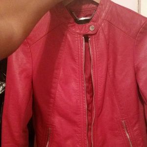 Red faux leather moto jacket