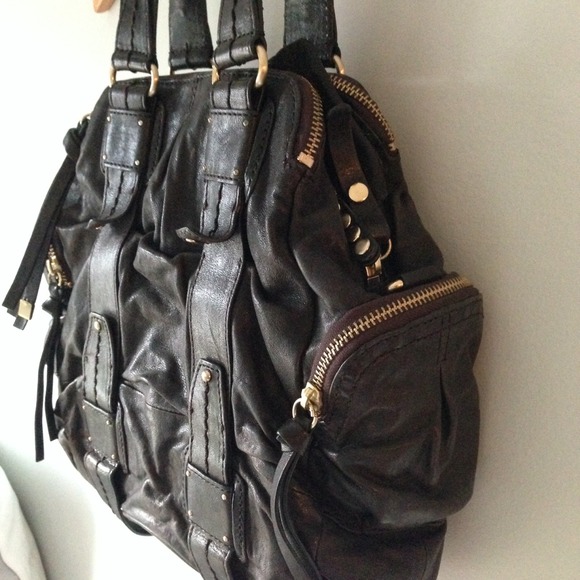 Dark brown genuine leather & gold detailed bag