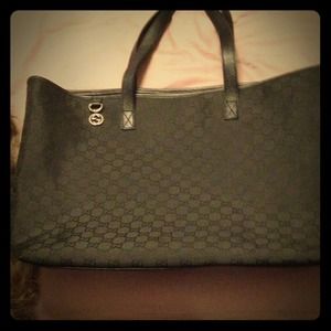 GUCCI black canvas monogram large bag silver hang