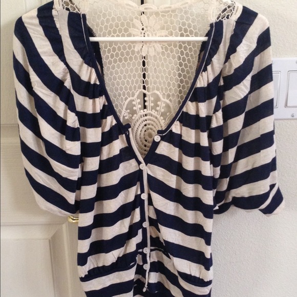 Blue and white striped top w/crochet back