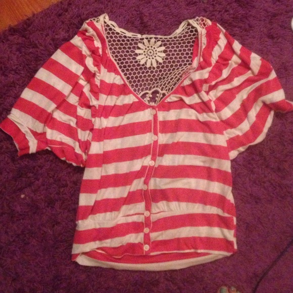 Pink & cream strip top with crocheted back!