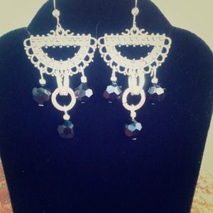 Black faceted bead silver multi tone earrings