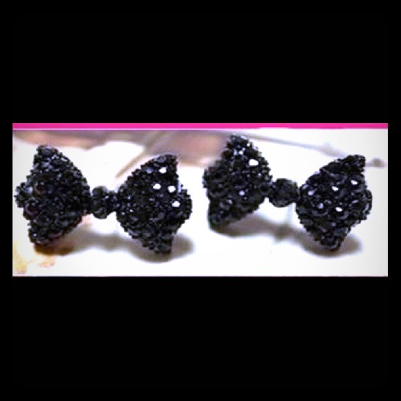 Cute black rhinestone bow earrings