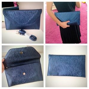 Oversized Navy Metallic Textured Envelope Clutch