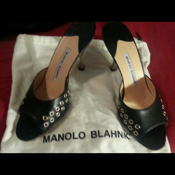 Black Manolo Blahnik slides with MB dust bag