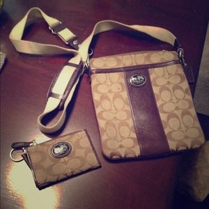 Brown Coach crossbody and matching coin purse