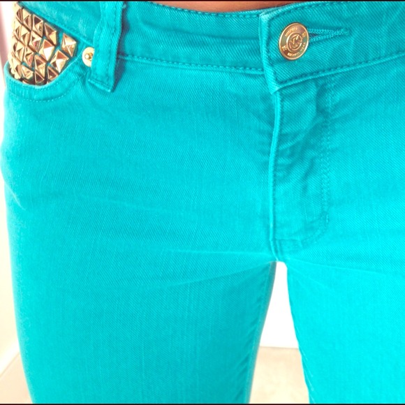 Turquoise denim with gold stud detail